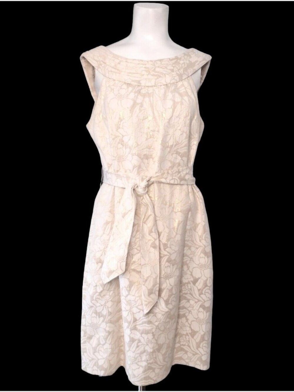 Vintage Etcetera Thick Damask Shimmer Dress Size 8 Cream Gold Low Back Classy